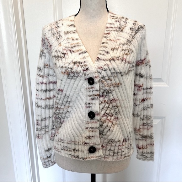 Aqua Mixed Rib Marled Knit V Neck Front Button Long Sleeve Cozy Cardigan Size S - Picture 1 of 3